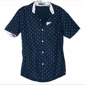 🌺 Allegra K Nautical Anchor Print Mens Button Down Navy Shirt Size 34